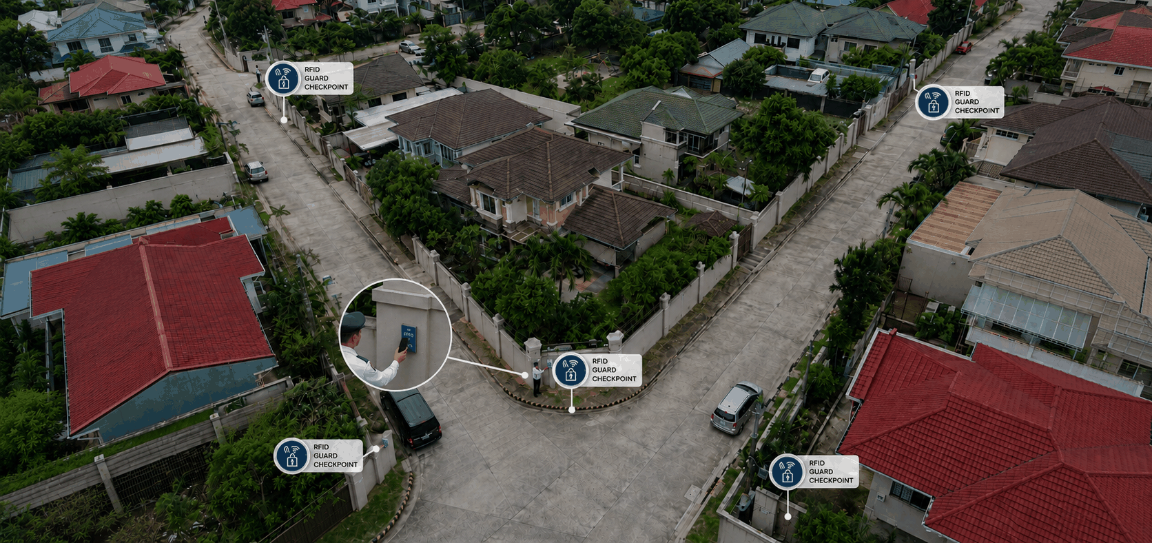 Aerial view of a gated community showing RFID guard checkpoints and patrol coverage