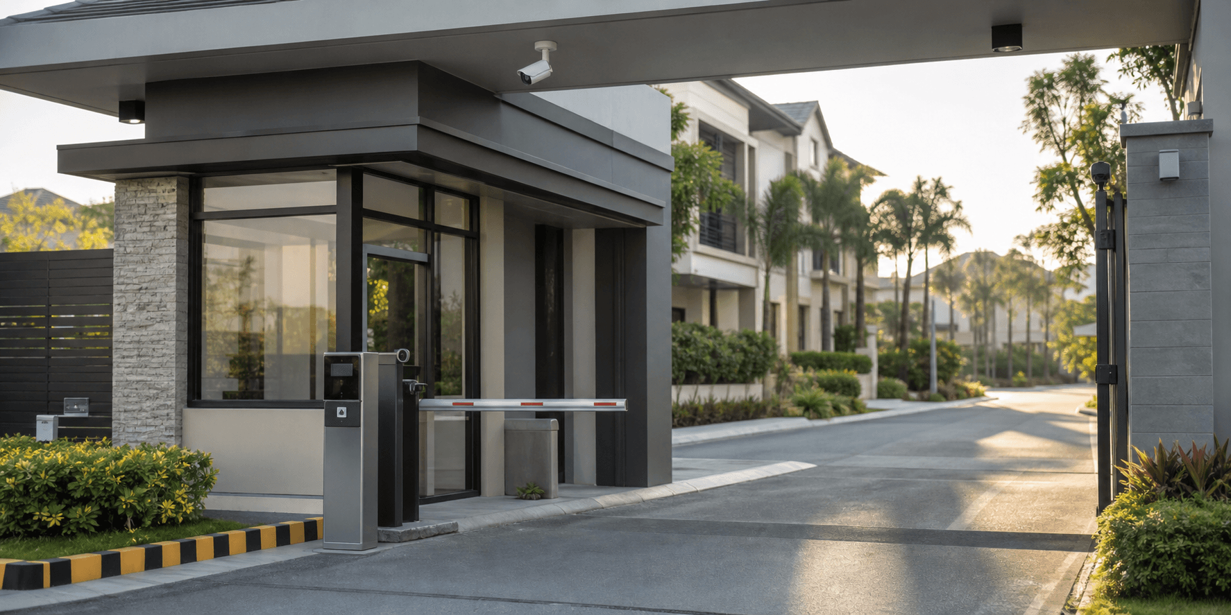 Modern gated residential community entrance with a guard post and access control system