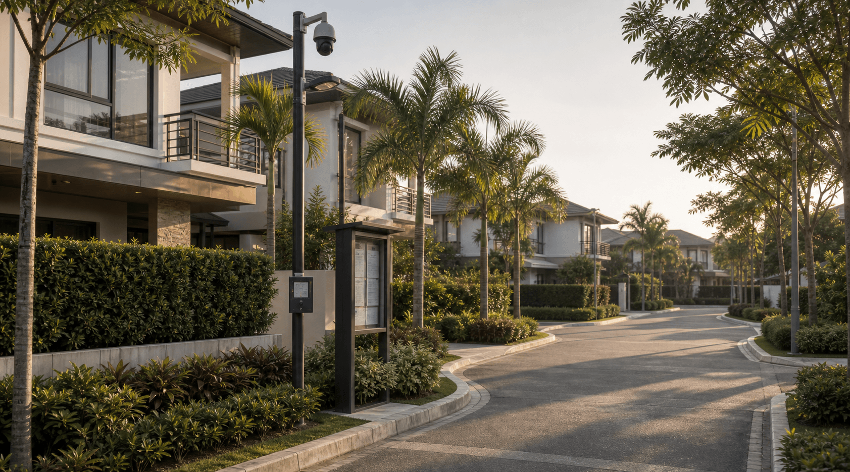Clean residential village street with homes and community infrastructure
